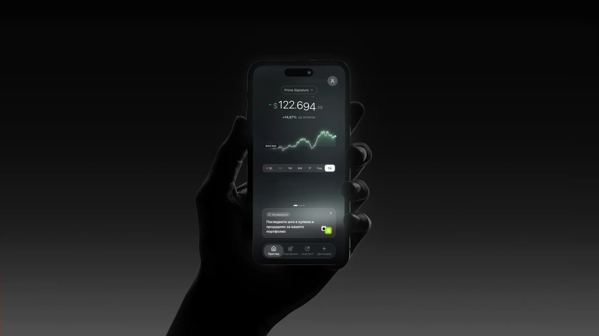 Телефон во рака со прегледот на портфолиото во апликацијата Prime Signature
